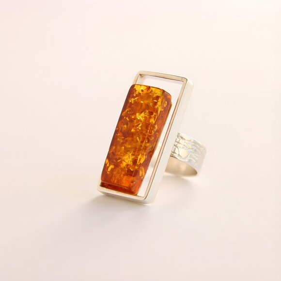 Natural Baltic Amber Modern Ring- 925 Sterling Silver- Handmade - Picture 4 of 7